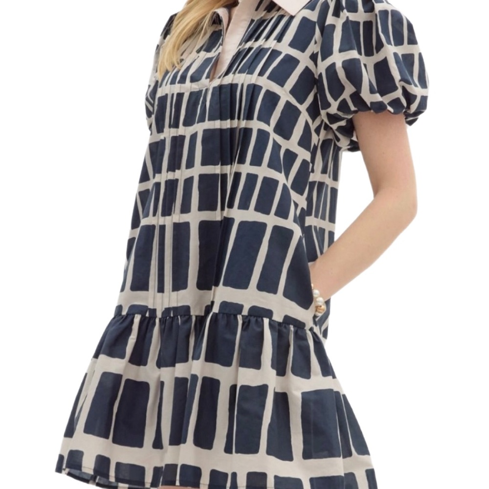 Entro Navy Patterned Puff Sleeve Dress - Picture 3 of 10